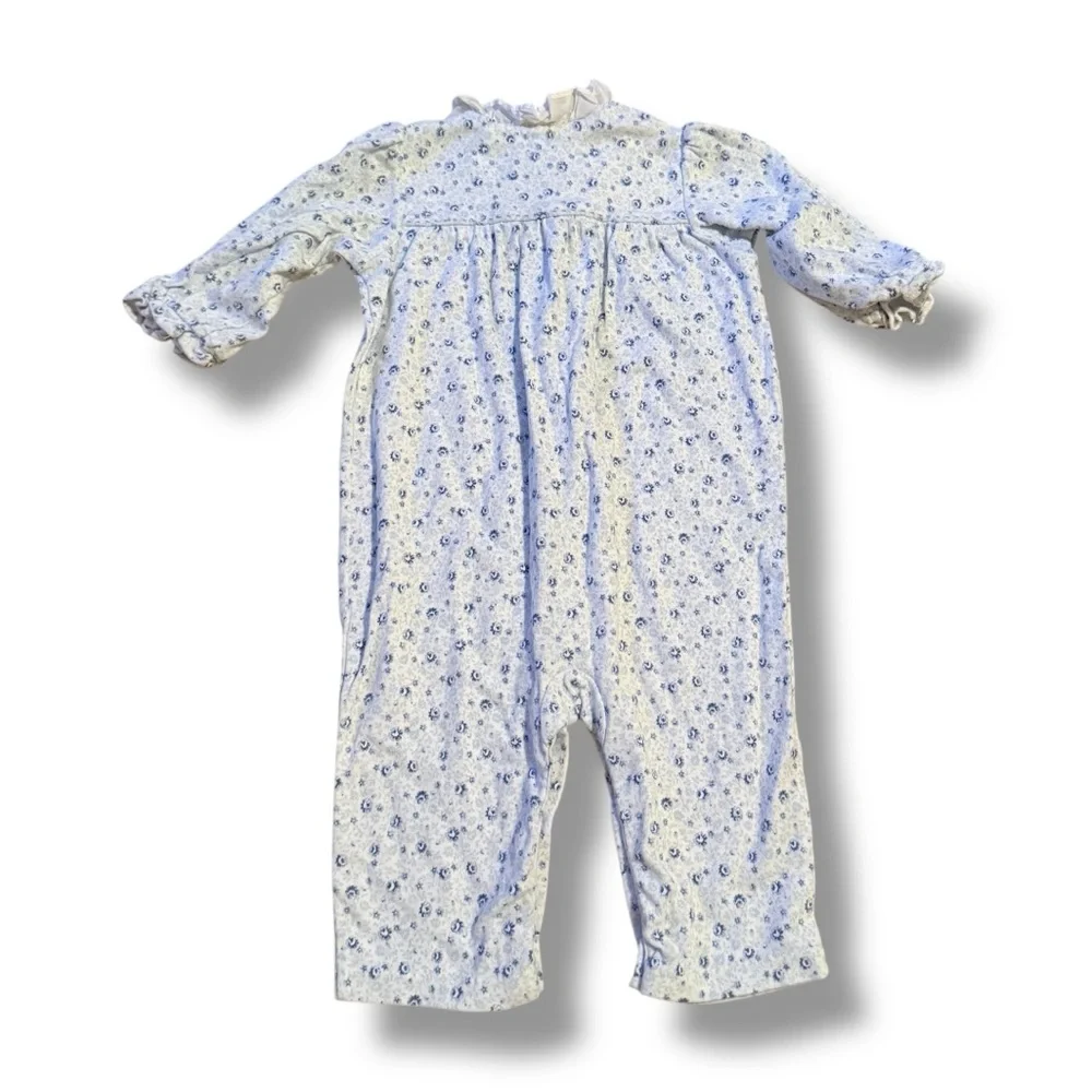 Ralph Lauren Floral Ruffle Romper Baby Girls 9 Months‎ White Blue 3/4 Sleeve